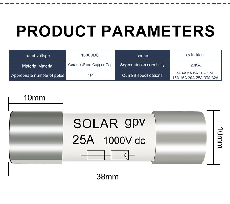DC PV Fuse 1000V High Voltage For Solar System Short Circuit Protection 1A 2A 3A 4A 5A 6A 8A 10A 15A 20A 25A 30A 32A PRIME RJ SOLAR PH