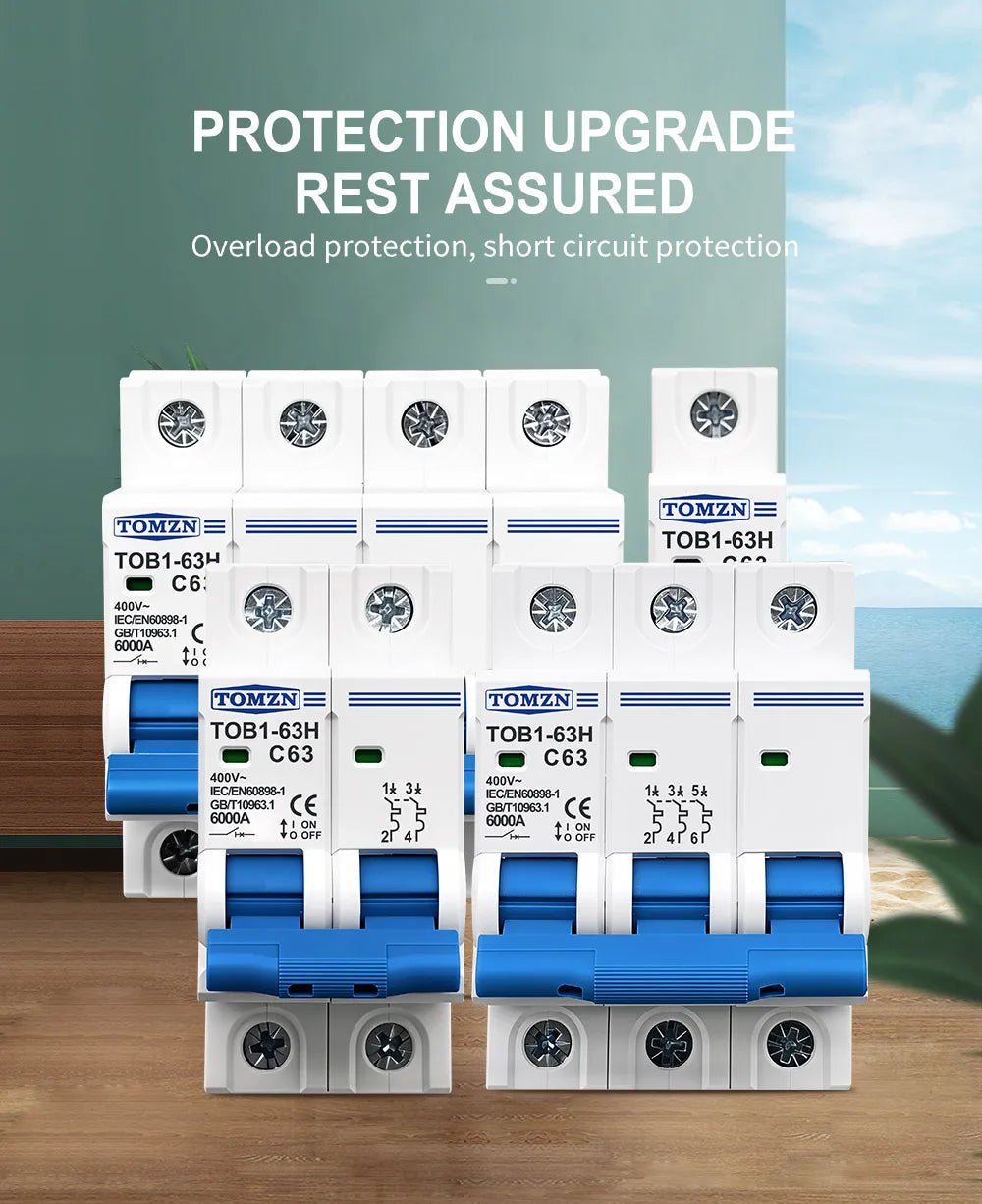 TOMZN TOB1-63H AC MCB Mini Circuit Breaker C Curve 1P 2P 3P 4P 3A 6A 10A 16A 20A 25A 32A 40A 50A 63A 230/400V 50/60Hz CE