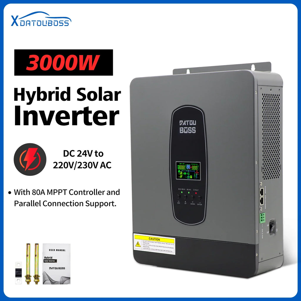 DATOUBOSS Solar Hybrid Inverter 3000W 24v to 220v Pure Sine Converter LCD Display Remote Control MPPT 55-450V DC 50/60Hz Inverte