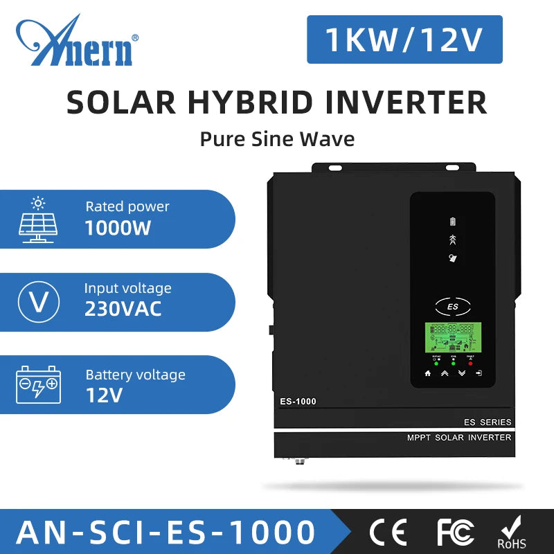 ANERN AN-SCI-MAX Hybrid Solar Inverter 1kW 3kW 4.2kW 6.2kW 10.2kW Built-in MPPT 500VDC PV 230VAC 12V 24V 48V Pure Sine Wave CE RoHS