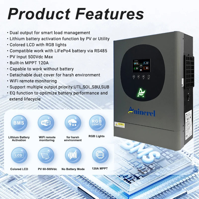 Aninerel 6.2KW 4.2KW 2KW 48V/24V/12V Hybrid Solar Inverter household Pure Sine Wave Inverter MPPT Solar Charge Controller WIFI