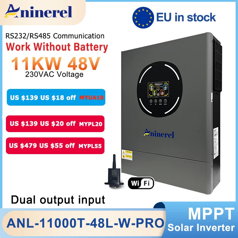 ANINEREL 11kW 6.2kW 48V Hybrid Solar Inverter Dual Output Dual Input Color LCD MPPT 160A 120A PV 500VDC Solar Controller