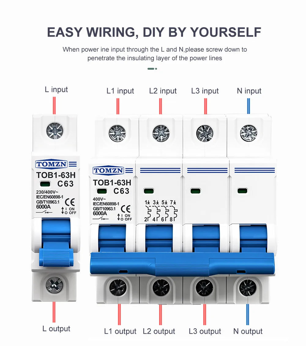 TOMZN TOB1-63H AC MCB Mini Circuit Breaker C Curve 1P 2P 3P 4P 3A 6A 10A 16A 20A 25A 32A 40A 50A 63A 230/400V 50/60Hz CE