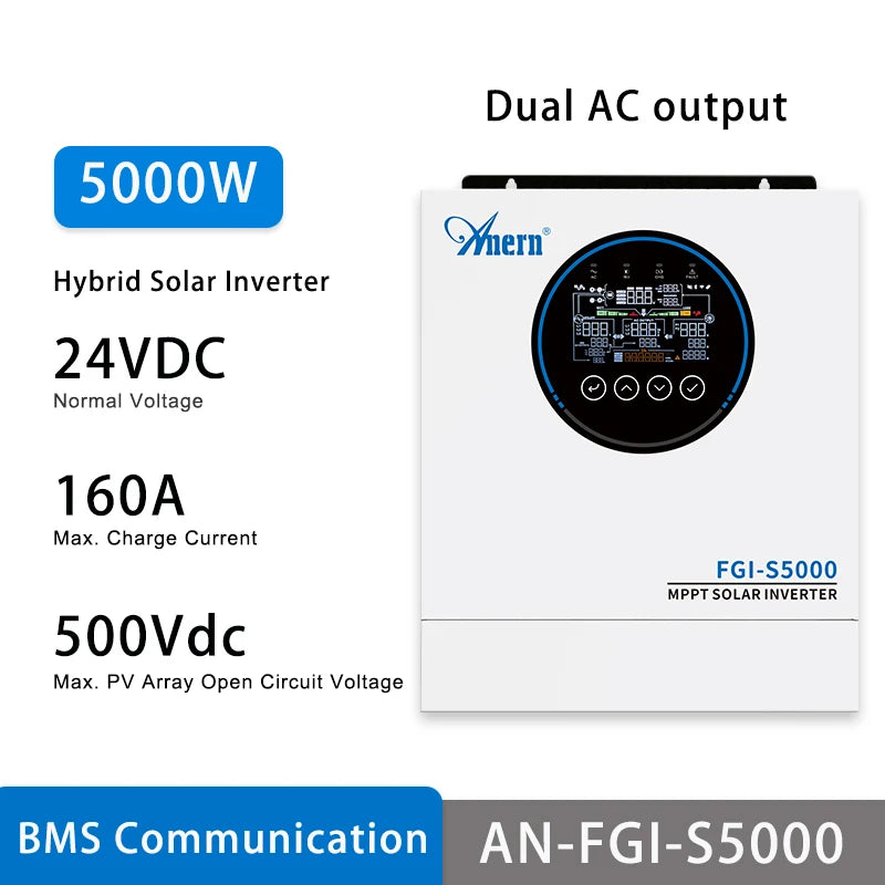 Anern 5KW 6.5KW Hybrid Inverter 24V 48V Dual AC Output MPPT 160A 120A Solar Inverters Max PV 500Vdc For Lithium and Lead-acid