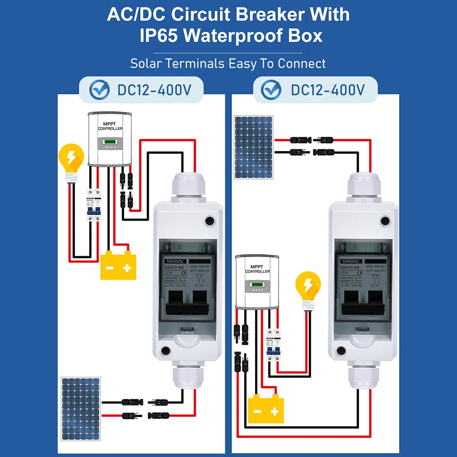 Solar Panel Disconnect Switch 30A /15Amp DC-AC 400V Circuit Breaker With IP65 Distribution Box Short Circuit Overload Protection