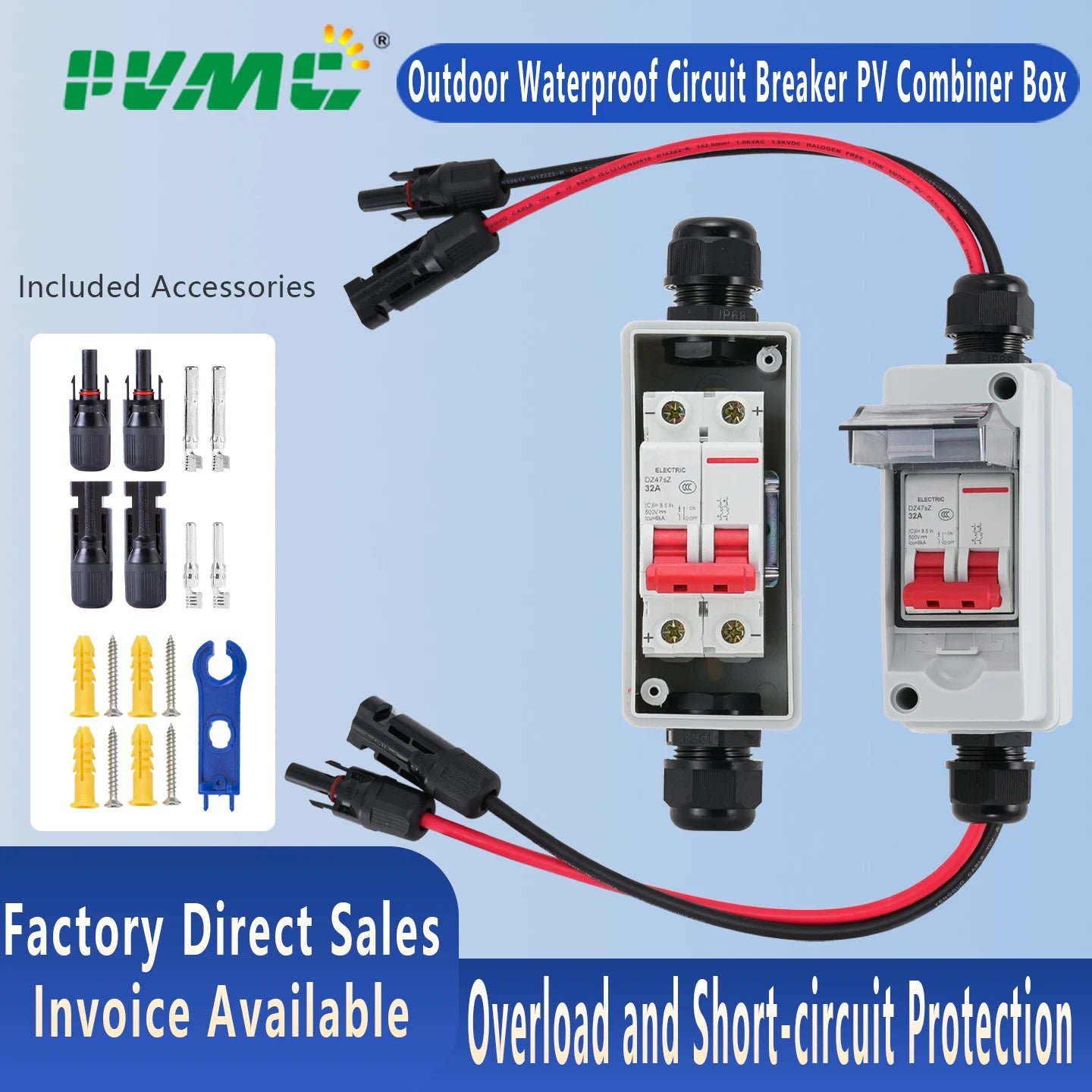 Outdoor IP65 Waterproof Solar PV DC Combiner Box with DC Circuit Breaker, DC500V 32A Load Isolating Switch