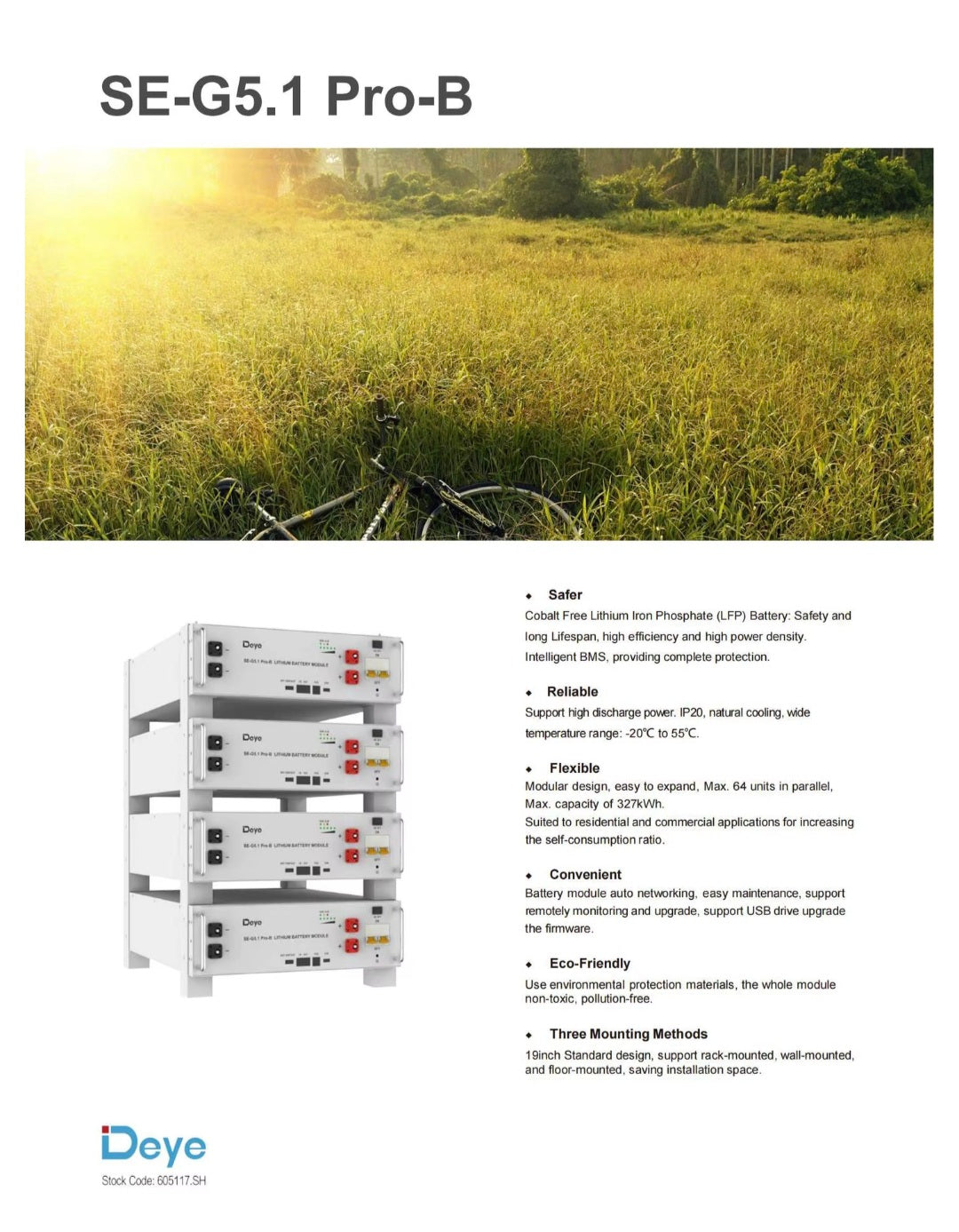 DEYE SE-G5.1 Pro-B 51.2V LiFePO4 Battery Pack 10kWh 20kWh 500AH High Voltage Solar Energy Storage System in Stock